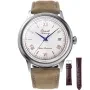 Orient Bambino 75 Anniversary RA-AC0027S Uhr mit Weiß Zifferblatt und einem Gehäuse von 40 mm im Durchmesser und einem Lederarmband in Braun