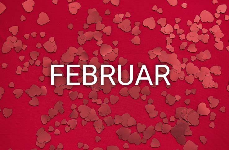 Roter Hintergrund mit Herzen und dem Text Februar