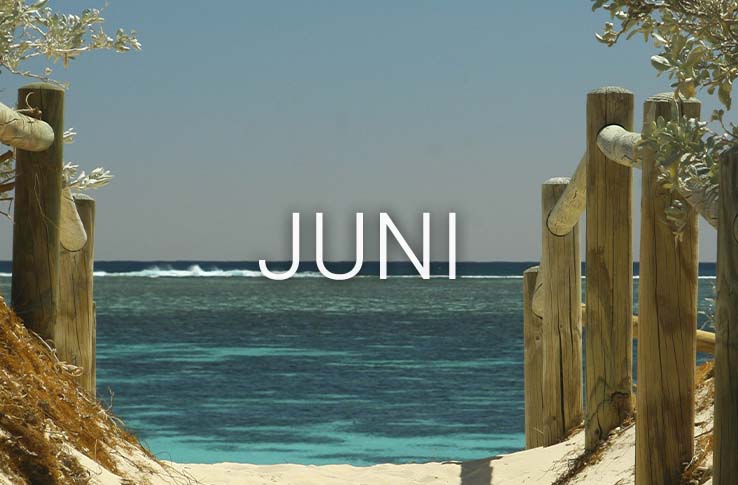 Ein Strand und Wasser im Hintergrund mit dem Text Juni