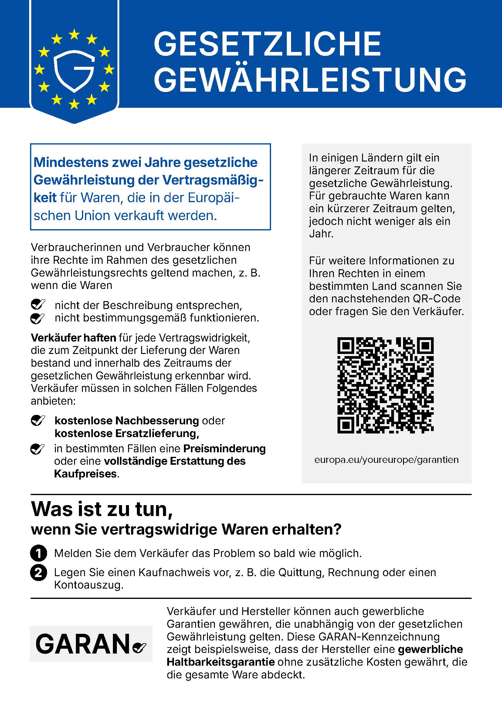 EU-Hinweis zur gesetzlichen Gewährleistung: mindestens zwei Jahre für in der EU verkaufte Waren